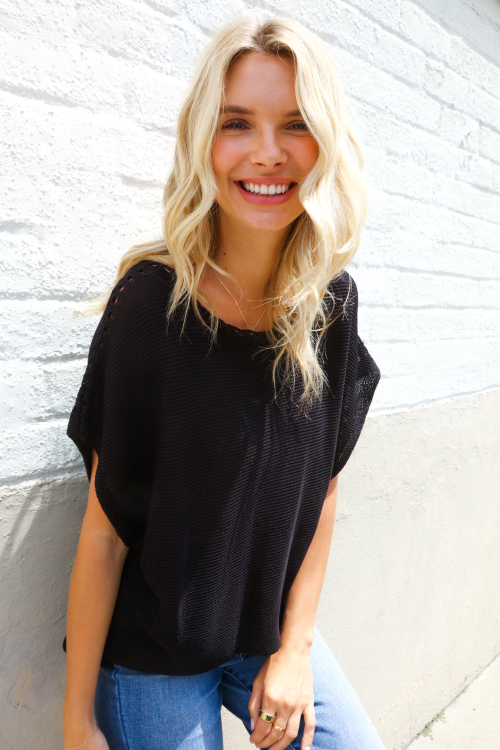 Stand Out Black Loose Knit Dolman Top/Coverup with Crochet Details