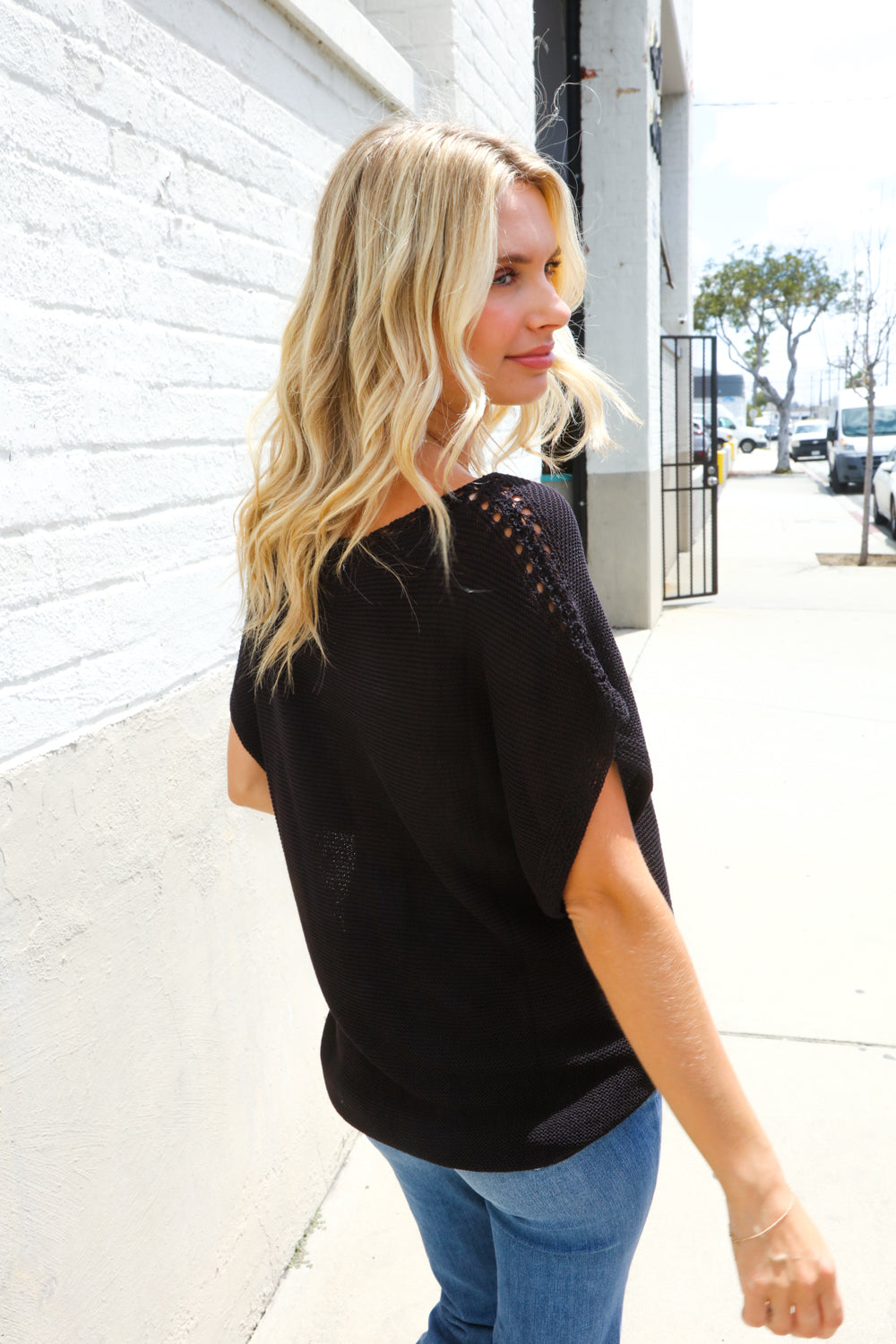 Stand Out Black Loose Knit Dolman Top/Coverup with Crochet Details