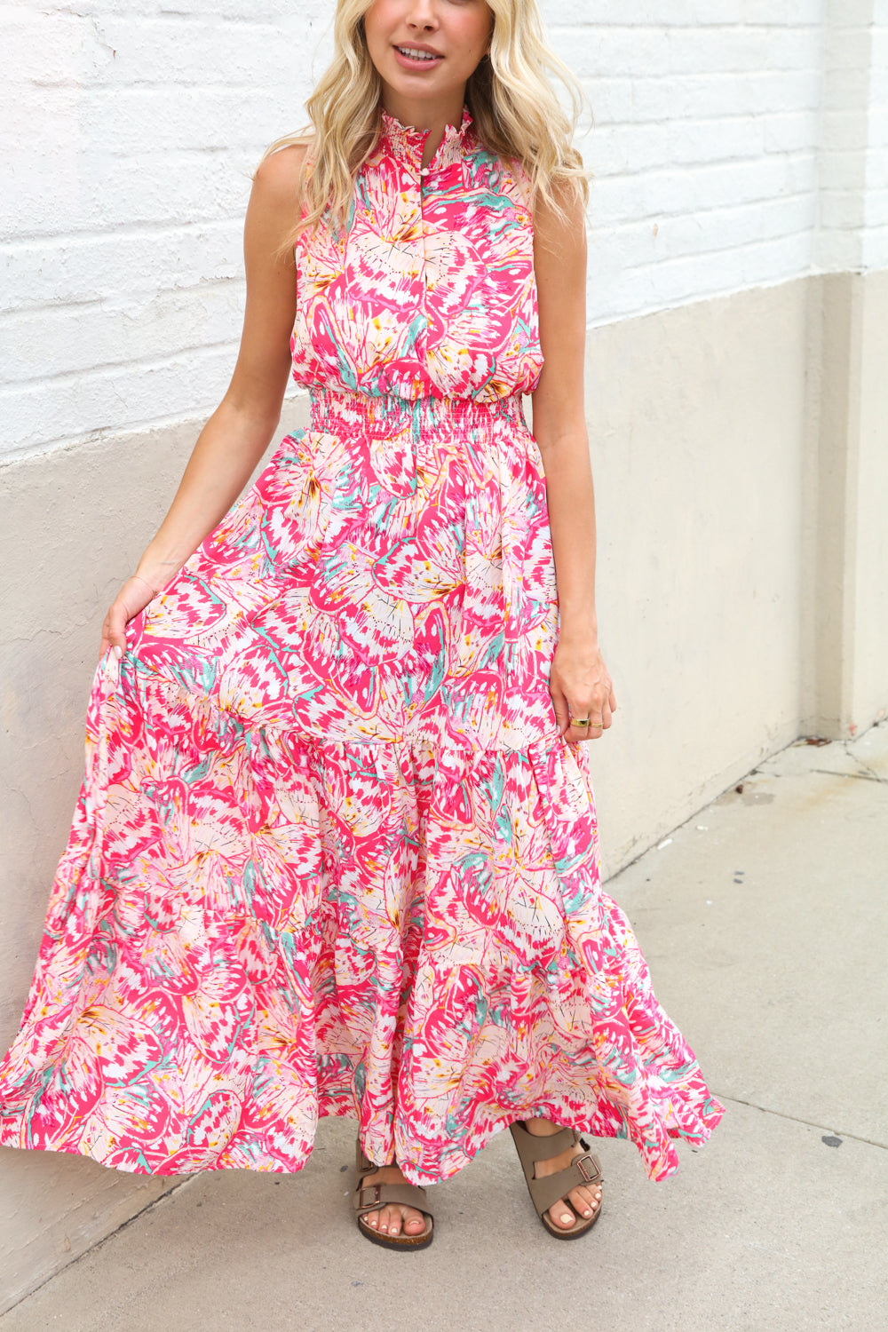 Sunny Days Abstract Print Smocked High Neck Sleeveless Maxi
