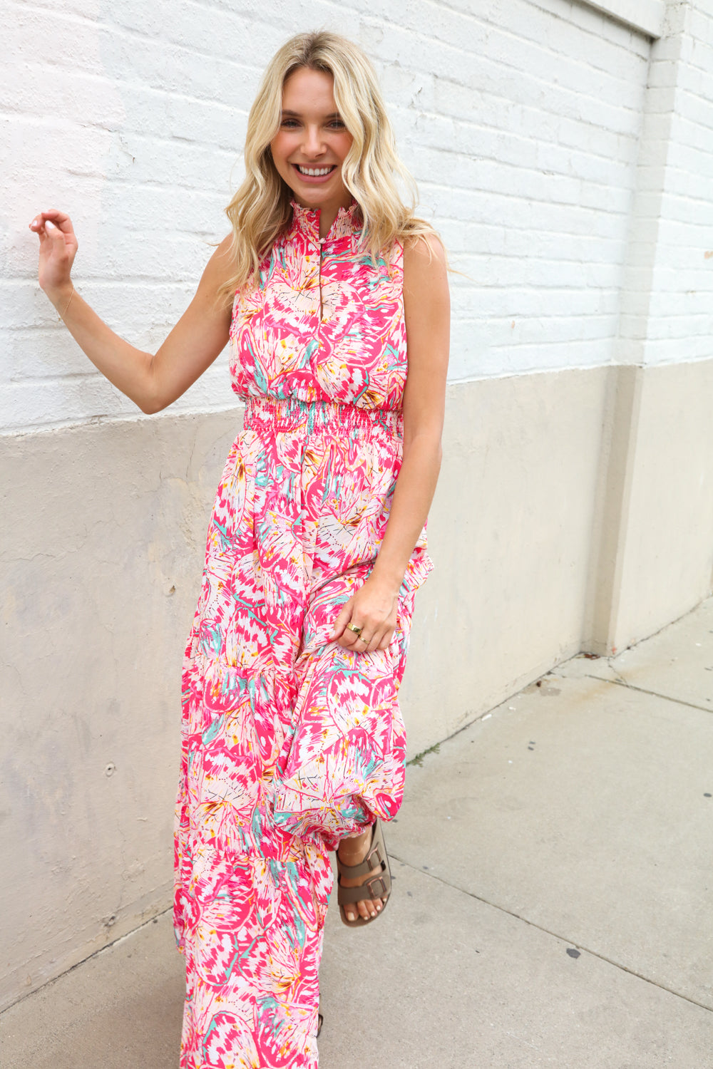 Sunny Days Abstract Print Smocked High Neck Sleeveless Maxi