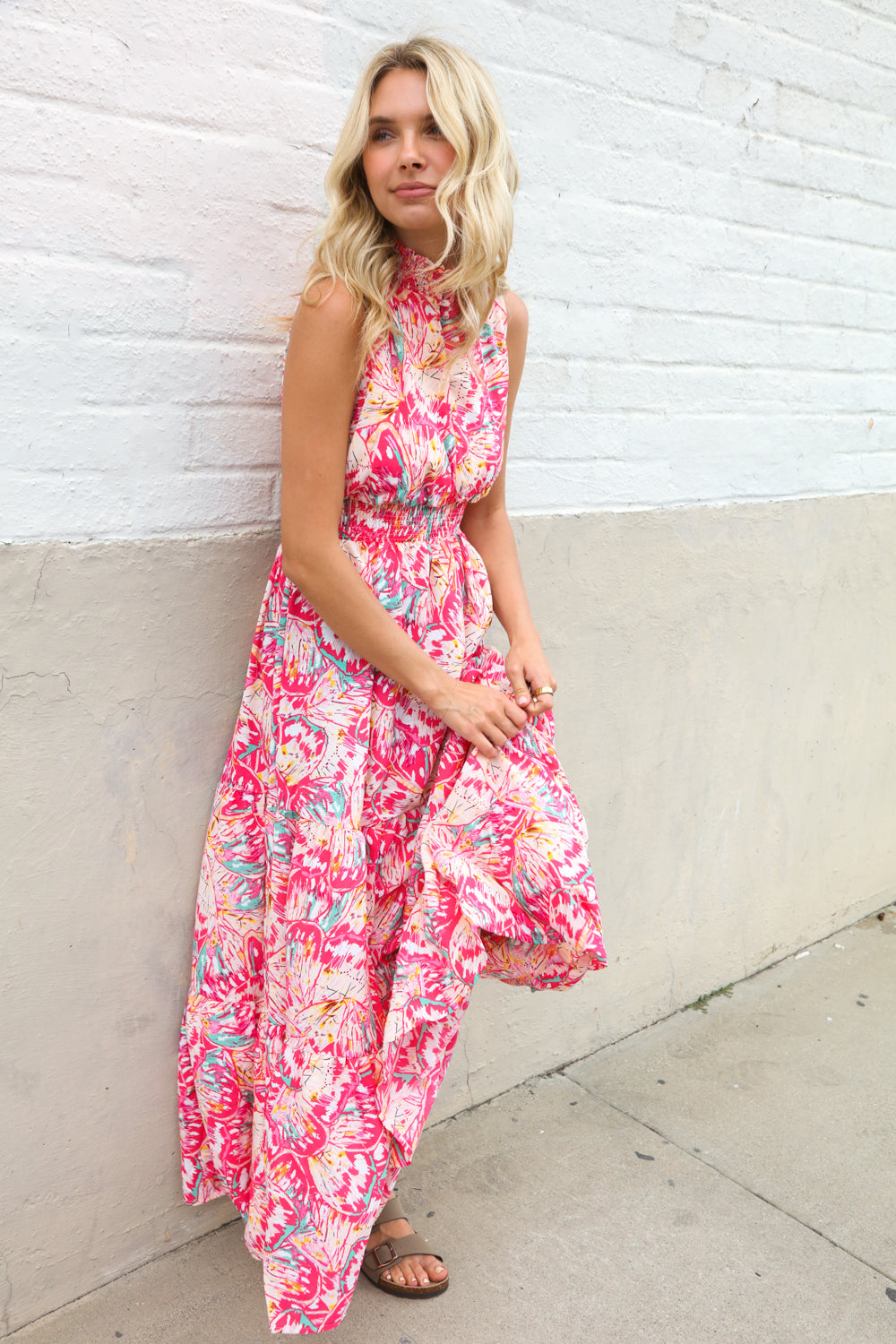 Sunny Days Abstract Print Smocked High Neck Sleeveless Maxi