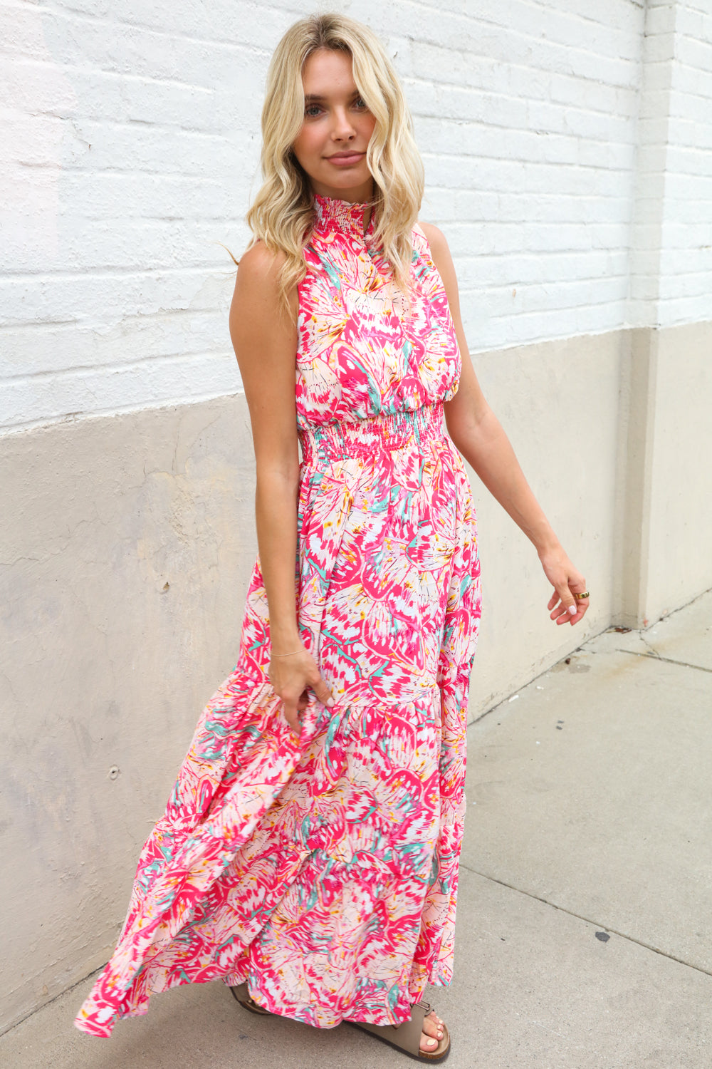 Sunny Days Abstract Print Smocked High Neck Sleeveless Maxi