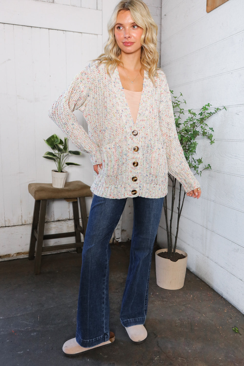 Cozy in Confetti Pocketed Button Cardigan