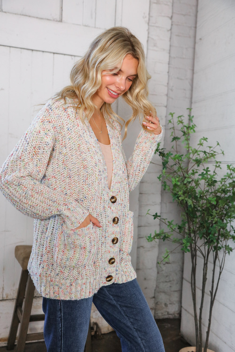 Cozy in Confetti Pocketed Button Cardigan