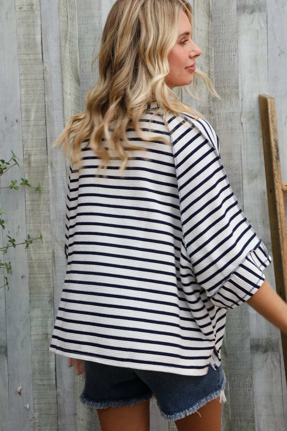 Casual Chic Cotton Navy & Cream Stripe Raglan 3/4 Sleeve Pullover