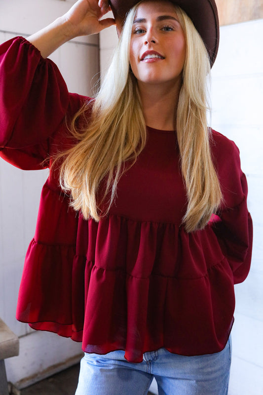 Take Me Home Wine Babydoll Oversized Blouse