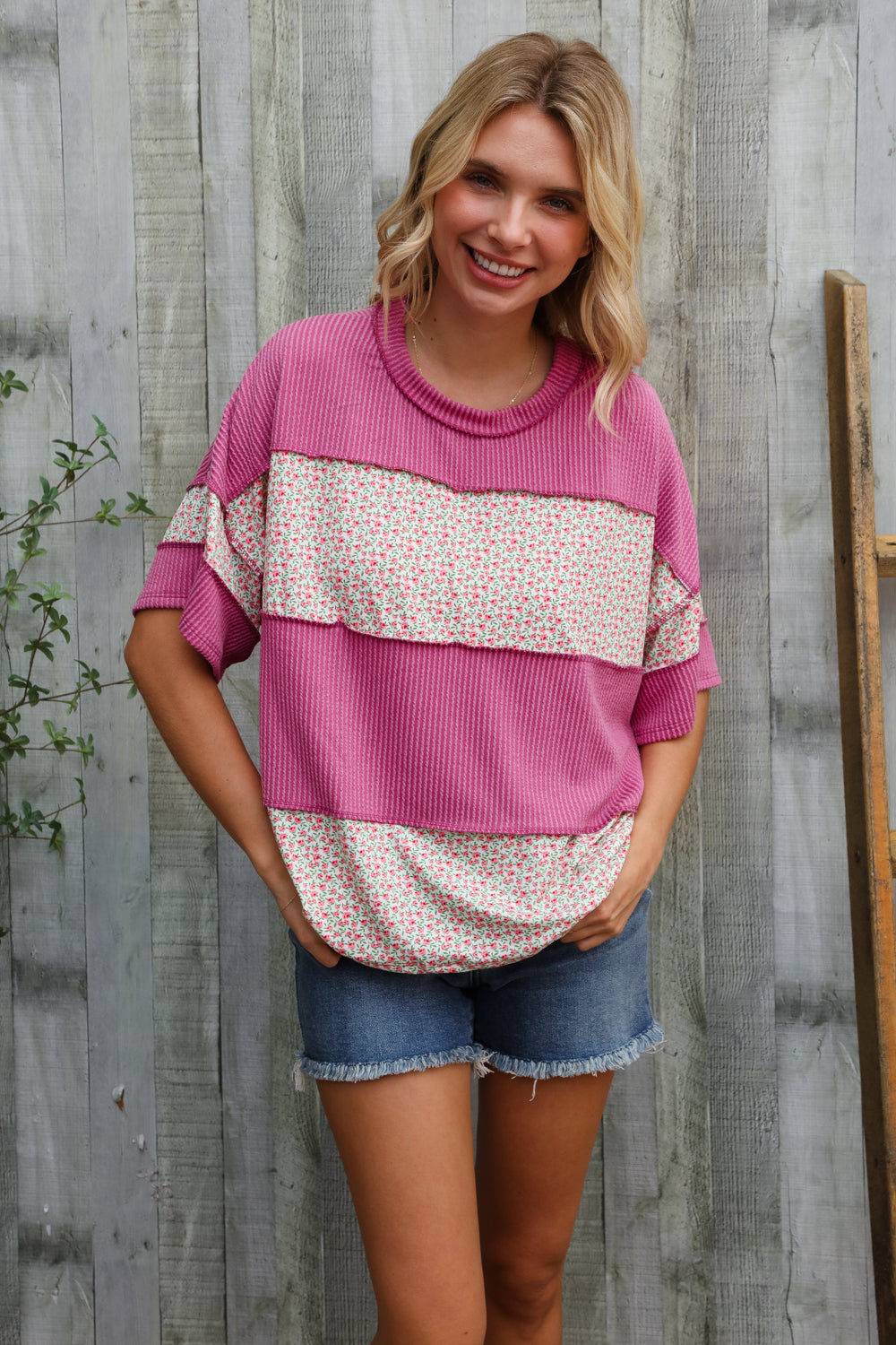 Weekend Ready Fuchsia Floral Wavy Rib Outseam Stitch Pullover