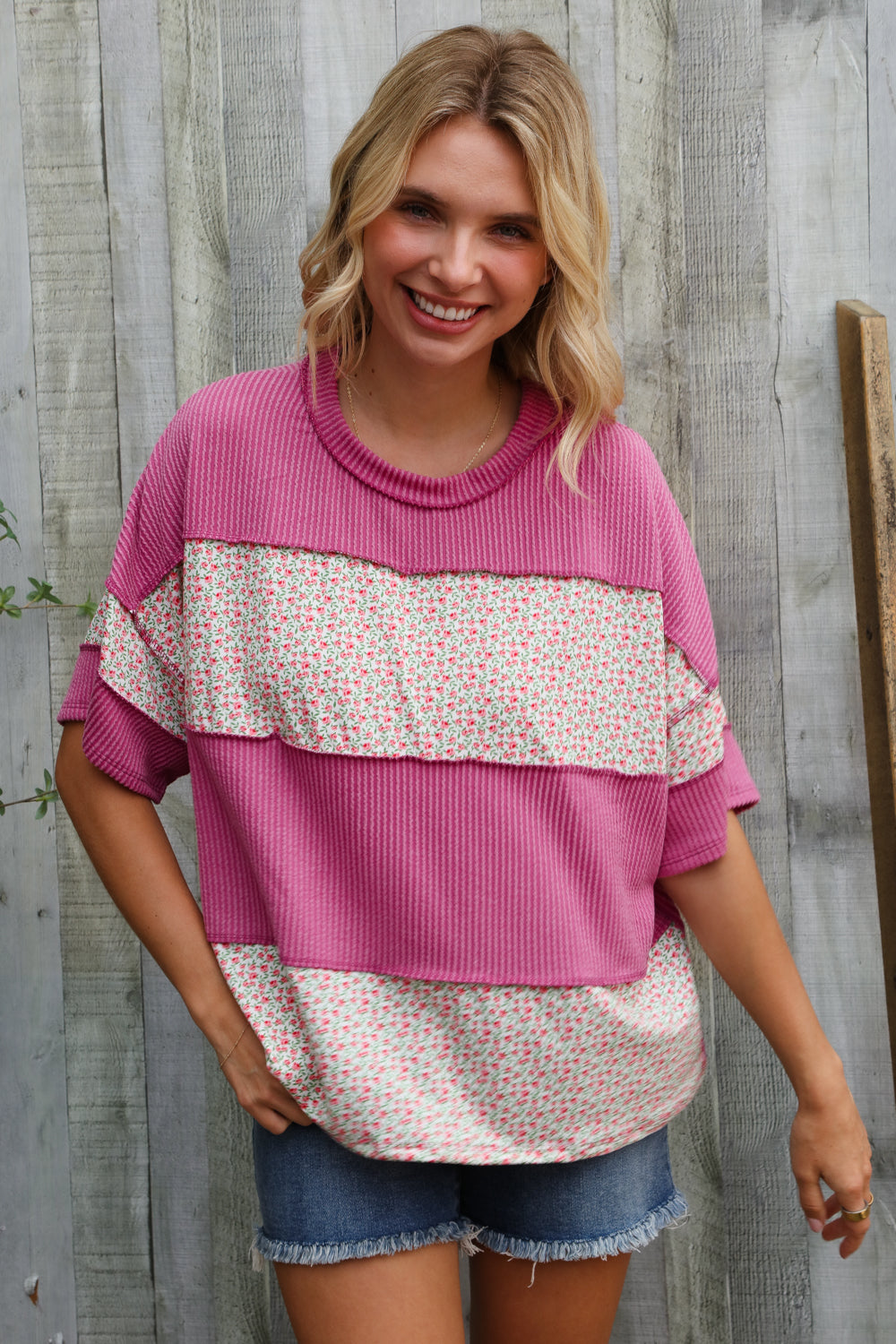 Weekend Ready Fuchsia Floral Wavy Rib Outseam Stitch Pullover