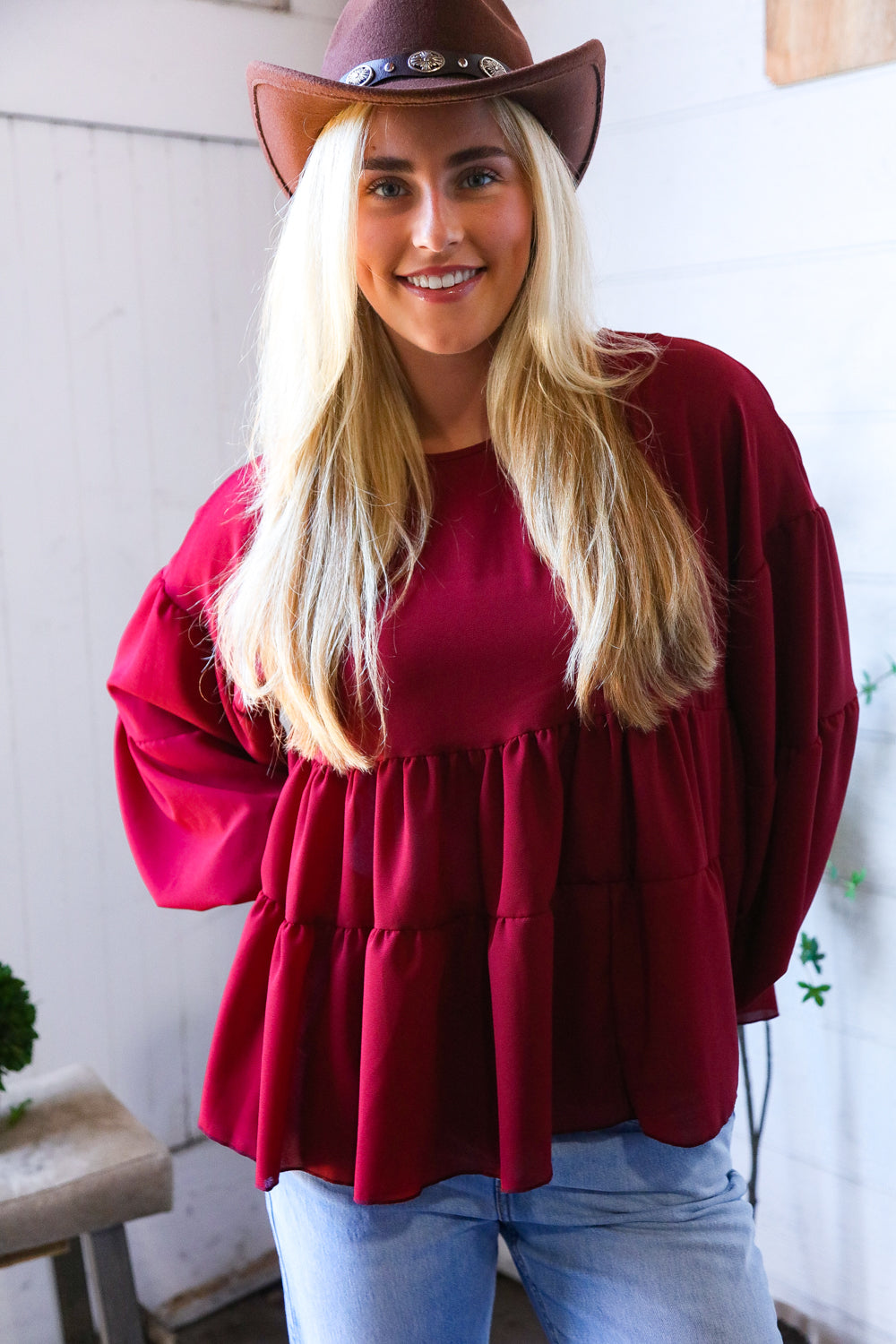 Take Me Home Wine Babydoll Oversized Blouse