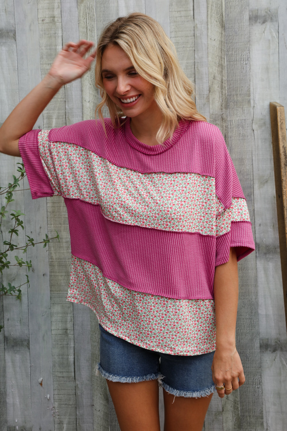Weekend Ready Fuchsia Floral Wavy Rib Outseam Stitch Pullover