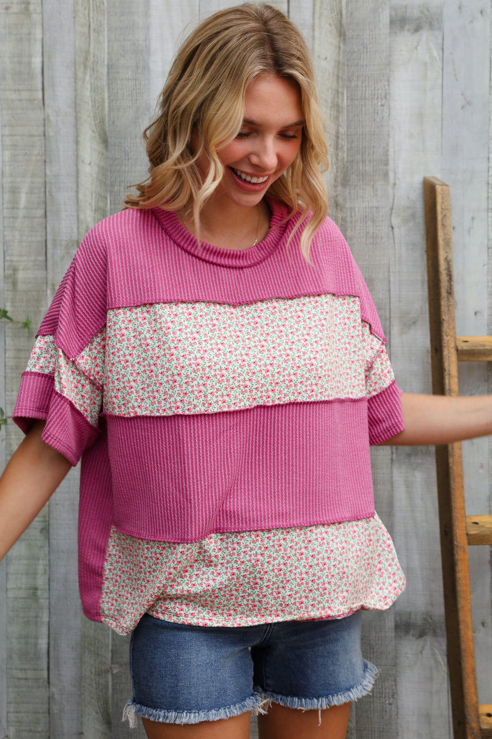 Weekend Ready Fuchsia Floral Wavy Rib Outseam Stitch Pullover