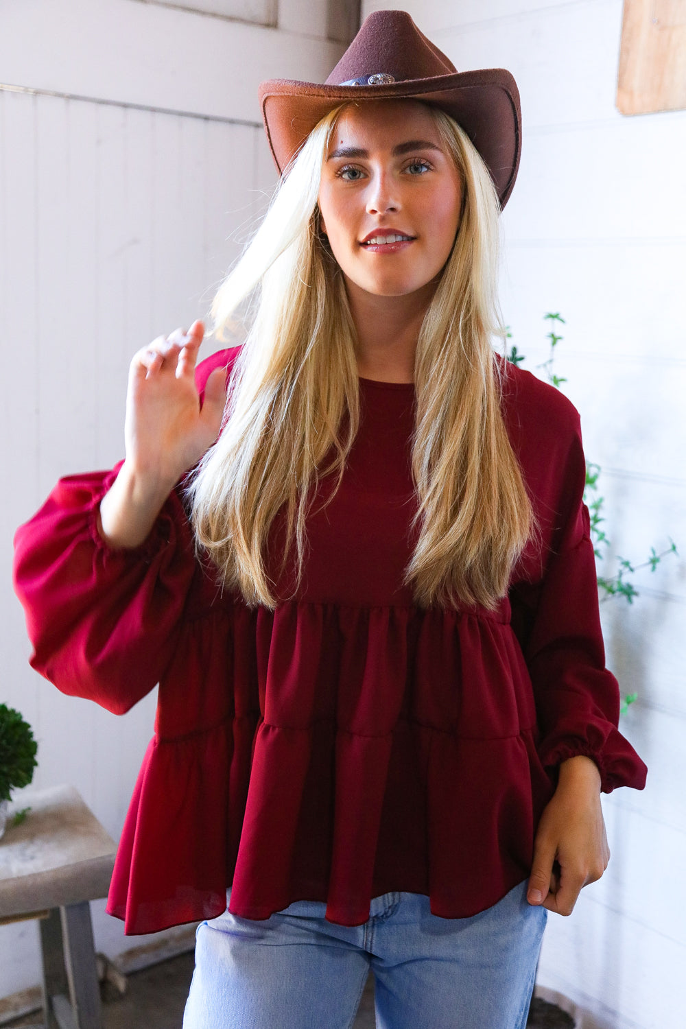 Take Me Home Wine Babydoll Oversized Blouse
