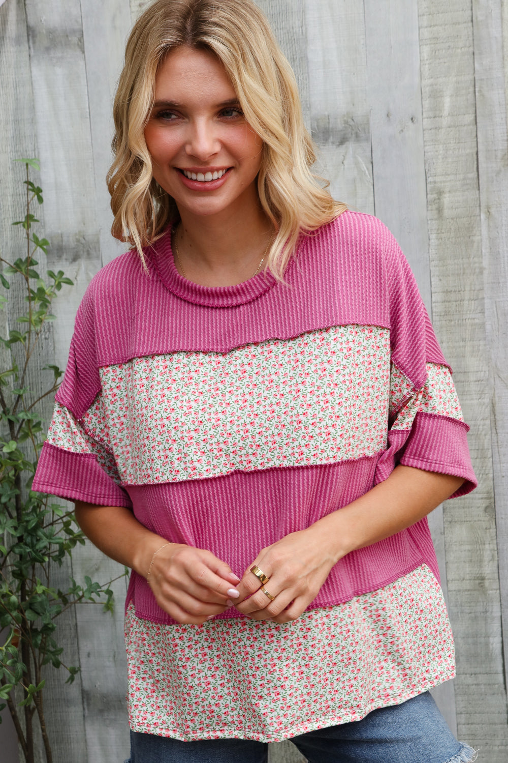 Weekend Ready Fuchsia Floral Wavy Rib Outseam Stitch Pullover