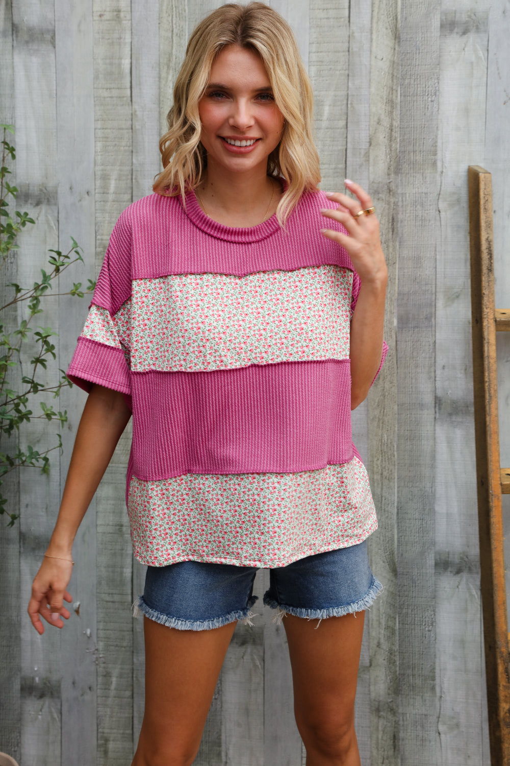 Weekend Ready Fuchsia Floral Wavy Rib Outseam Stitch Pullover