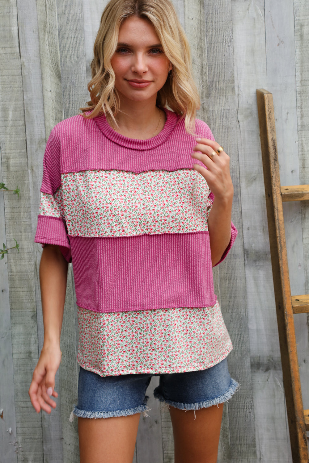 Weekend Ready Fuchsia Floral Wavy Rib Outseam Stitch Pullover
