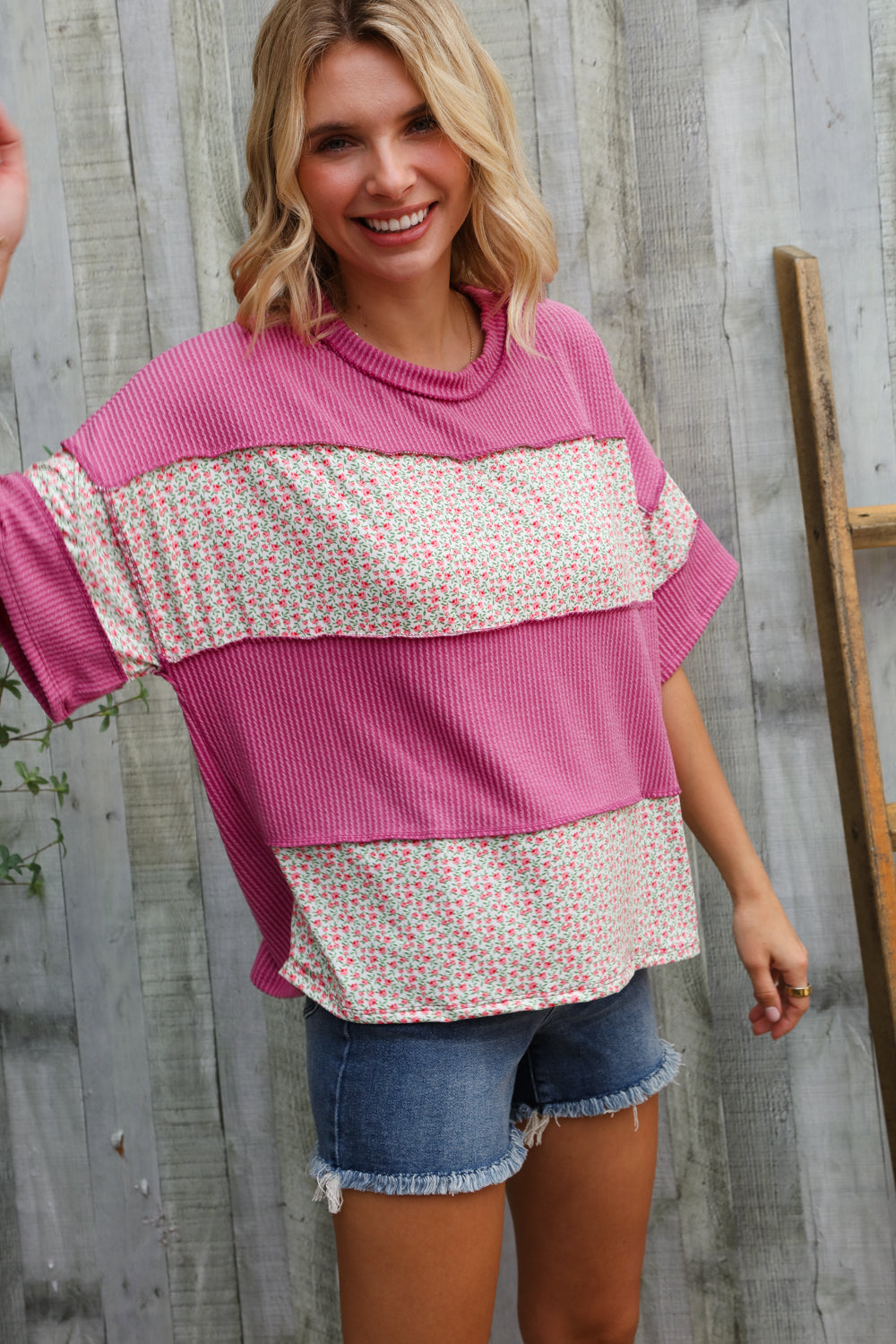 Weekend Ready Fuchsia Floral Wavy Rib Outseam Stitch Pullover