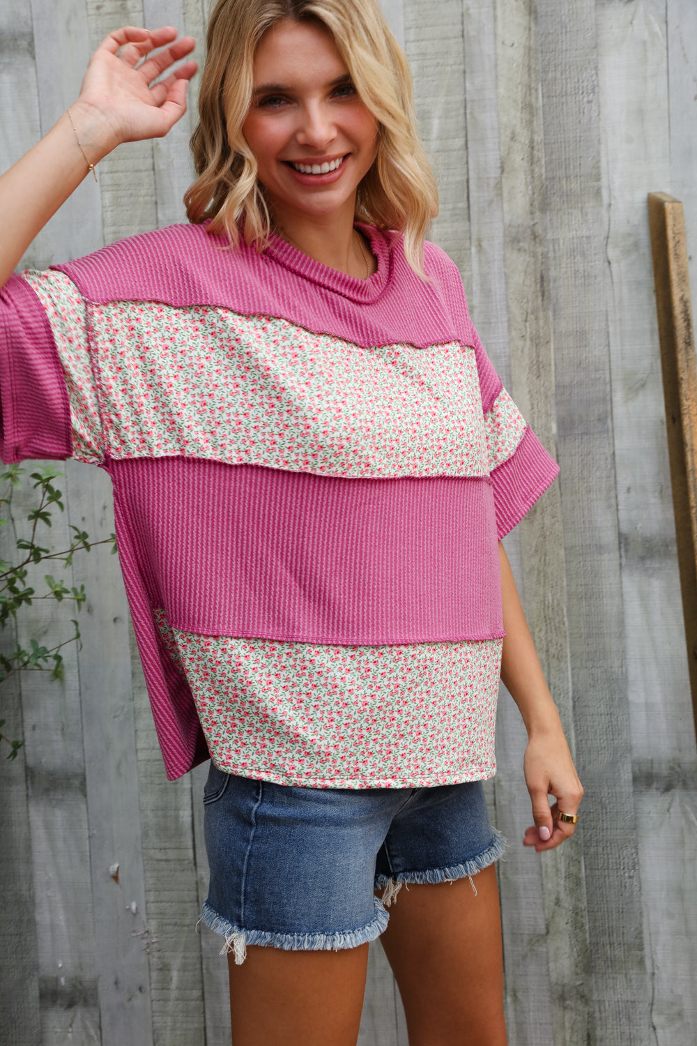 Weekend Ready Fuchsia Floral Wavy Rib Outseam Stitch Pullover