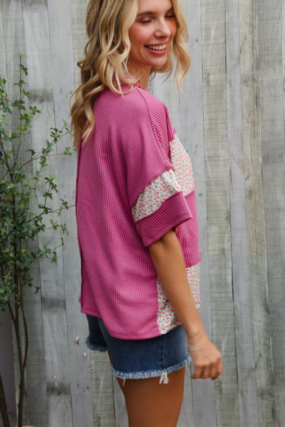 Weekend Ready Fuchsia Floral Wavy Rib Outseam Stitch Pullover