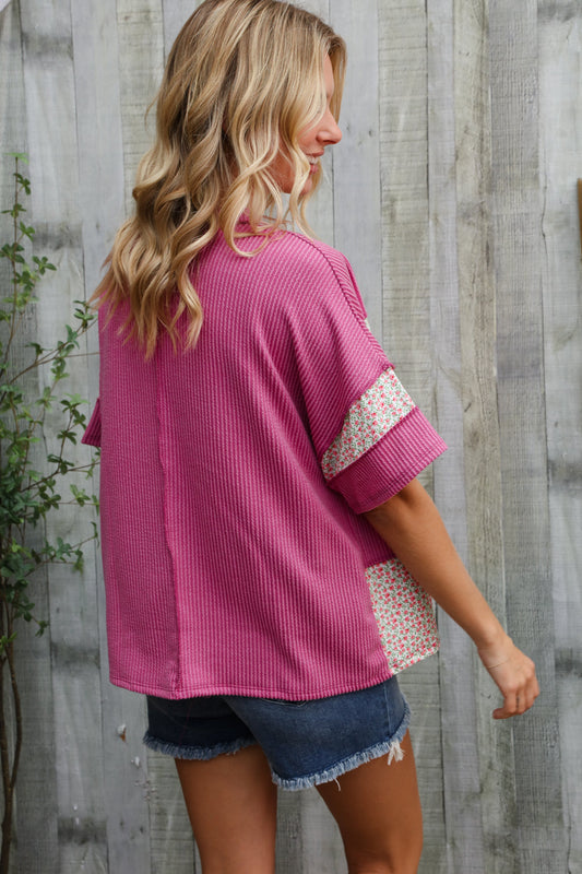 Weekend Ready Fuchsia Floral Wavy Rib Outseam Stitch Pullover