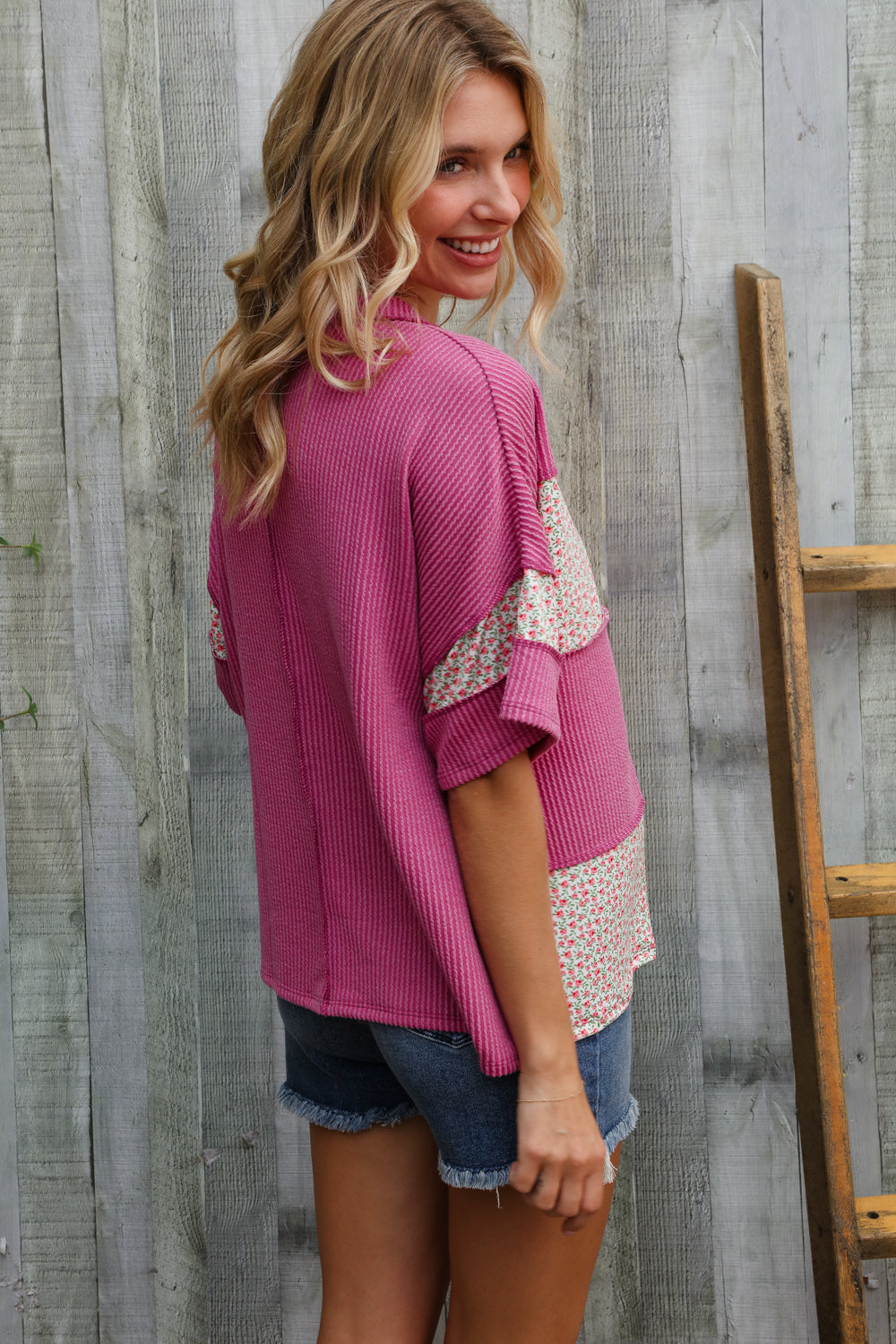Weekend Ready Fuchsia Floral Wavy Rib Outseam Stitch Pullover