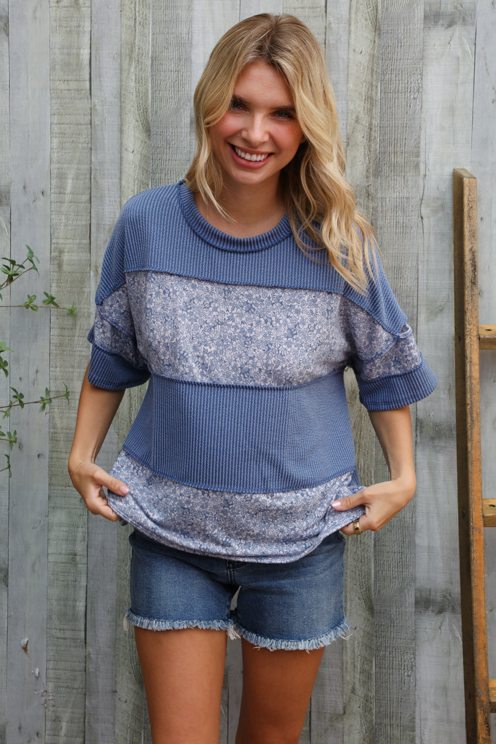 Weekend Ready Denim Floral Wavy Rib Outseam Stitch Pullover