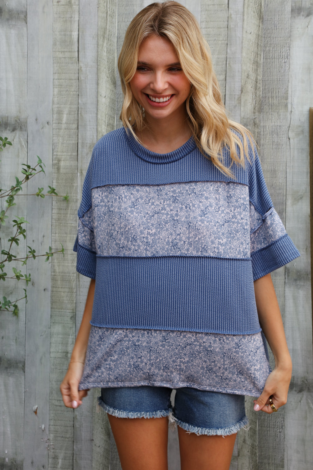 Weekend Ready Denim Floral Wavy Rib Outseam Stitch Pullover