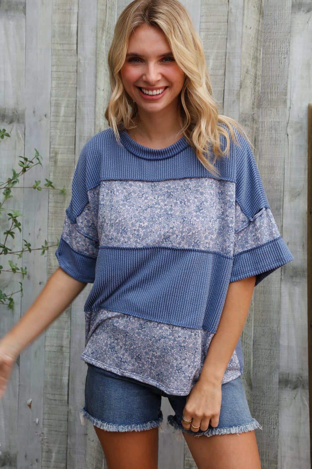 Weekend Ready Denim Floral Wavy Rib Outseam Stitch Pullover