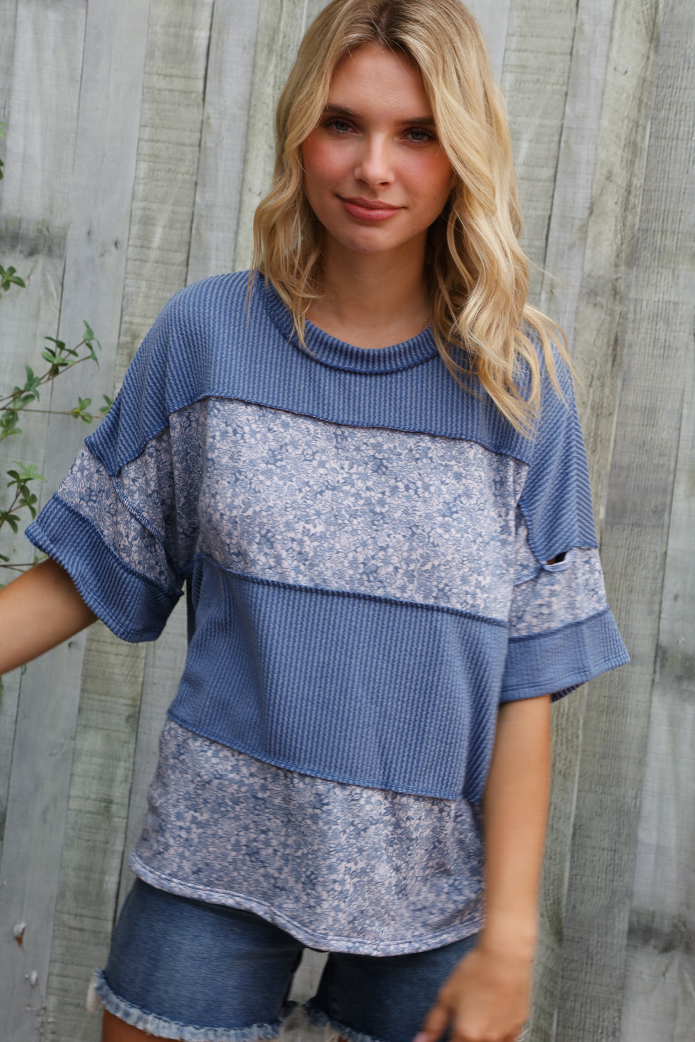 Weekend Ready Denim Floral Wavy Rib Outseam Stitch Pullover