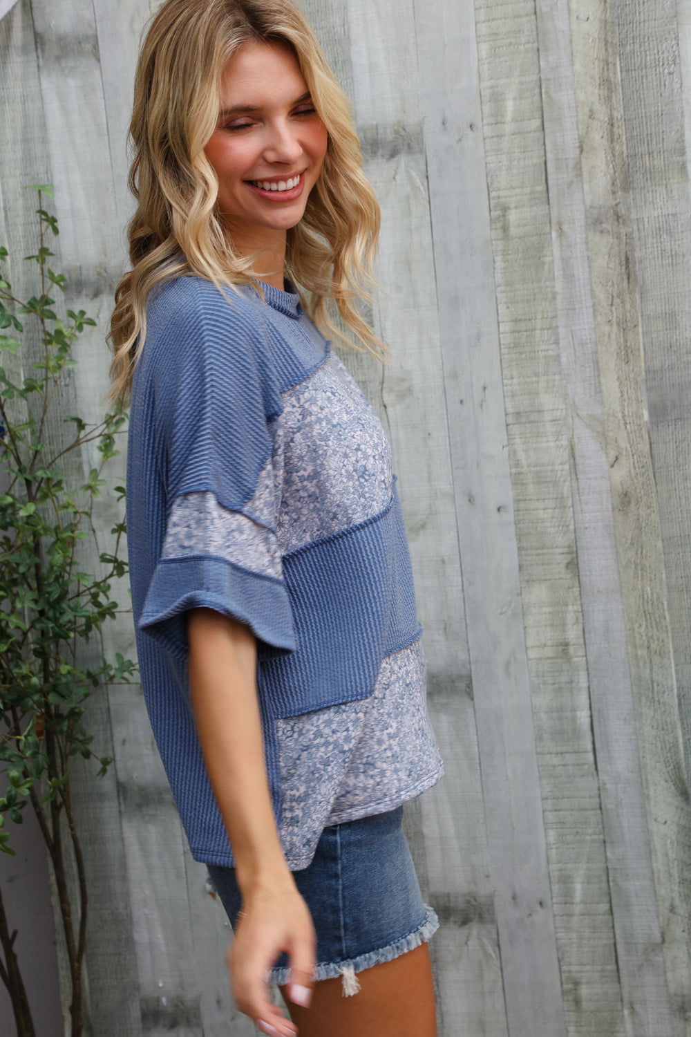 Weekend Ready Denim Floral Wavy Rib Outseam Stitch Pullover