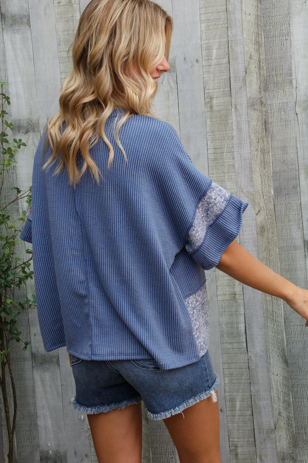 Weekend Ready Denim Floral Wavy Rib Outseam Stitch Pullover