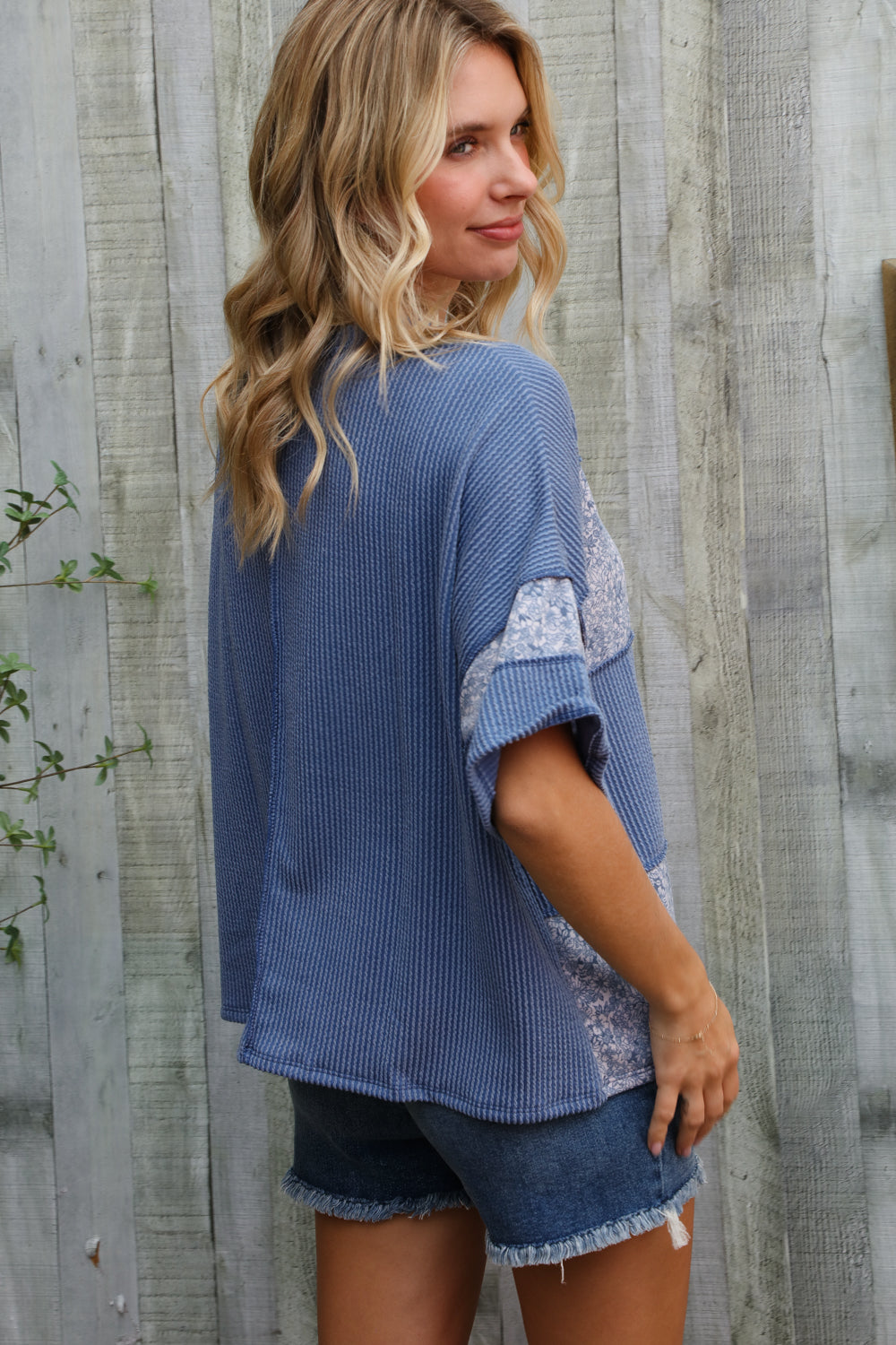 Weekend Ready Denim Floral Wavy Rib Outseam Stitch Pullover
