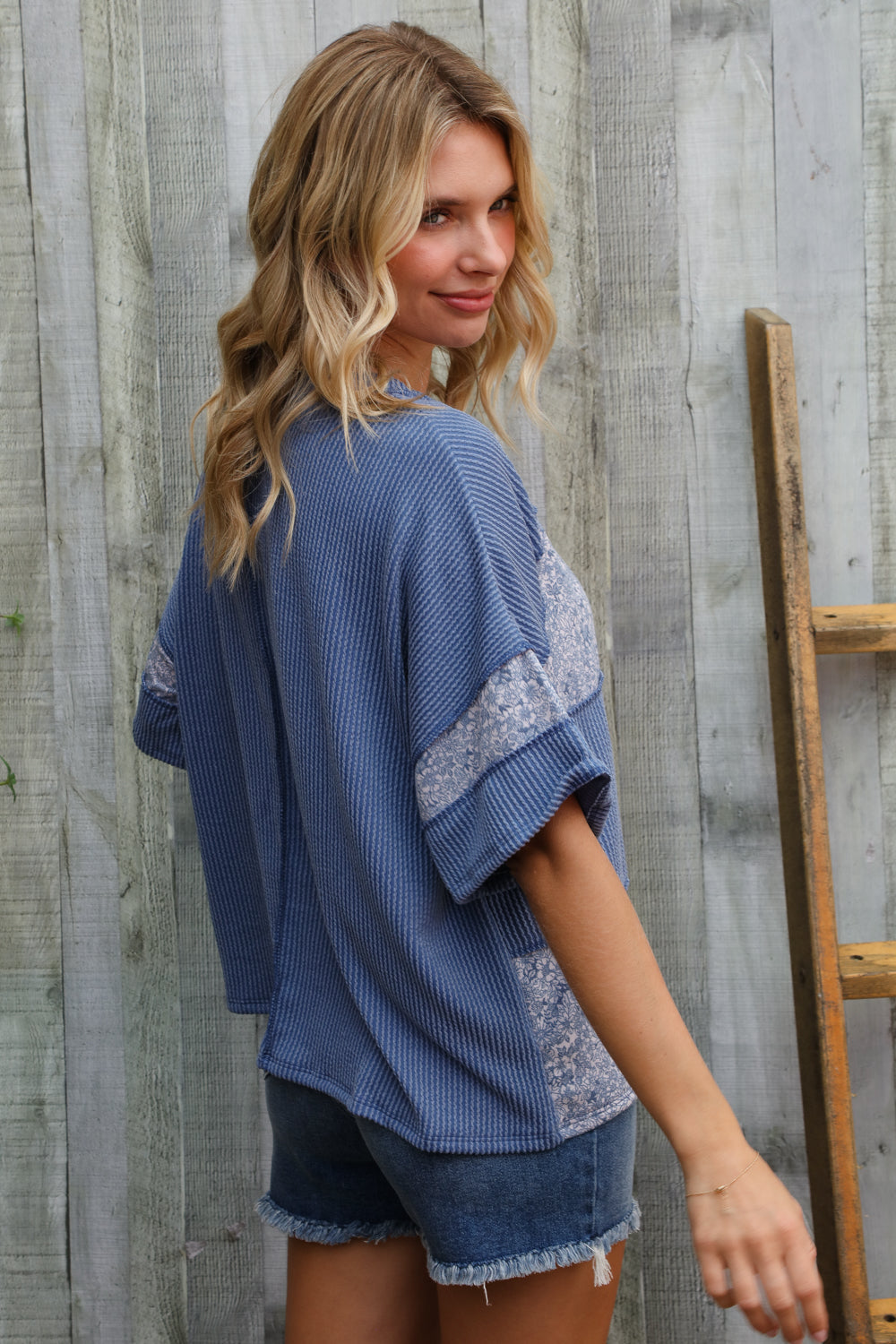 Weekend Ready Denim Floral Wavy Rib Outseam Stitch Pullover