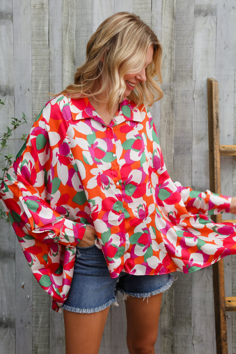Beautiful You Multicolor Floral Abstract Button-Down Bat Wing Sleeve Top