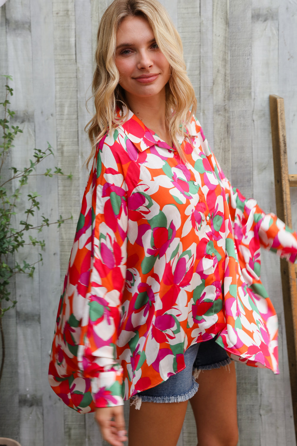 Beautiful You Multicolor Floral Abstract Button-Down Bat Wing Sleeve Top