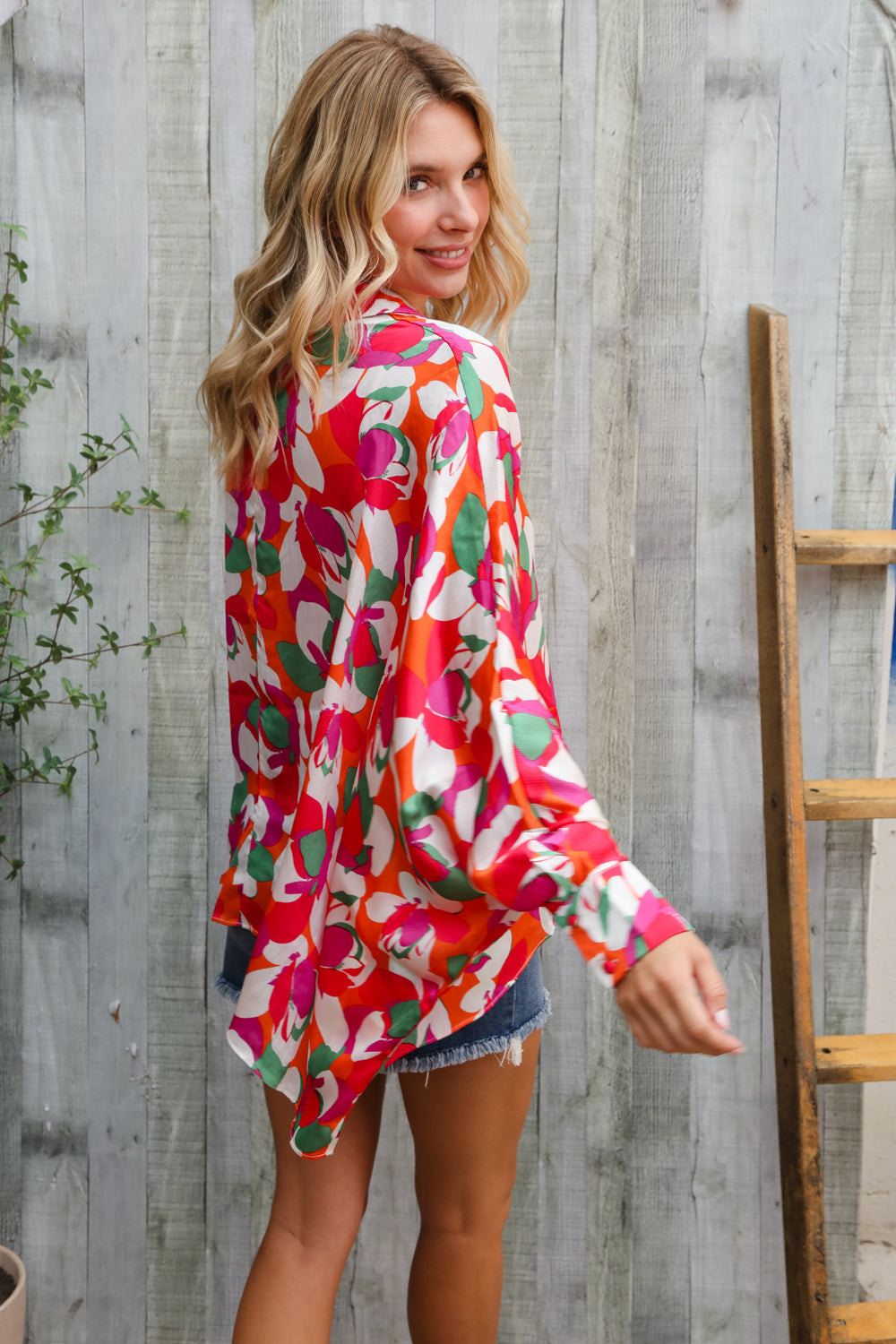 Beautiful You Multicolor Floral Abstract Button-Down Bat Wing Sleeve Top