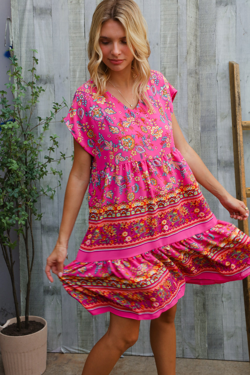 Boho Love Fuchsia Floral Print V Neck Dolman Sleeve Dress