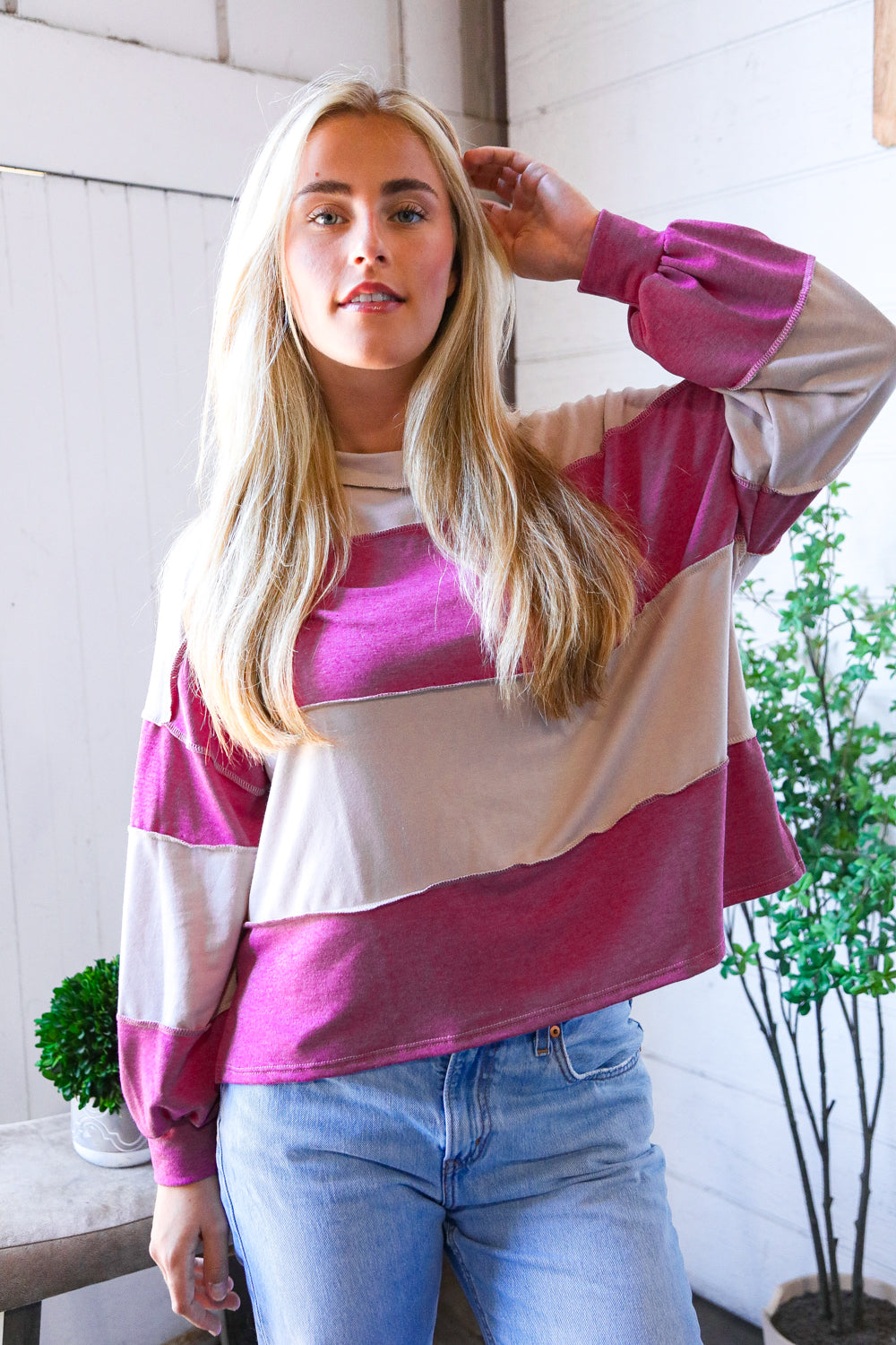 At the Block Party Magenta Loose Fit Pullover