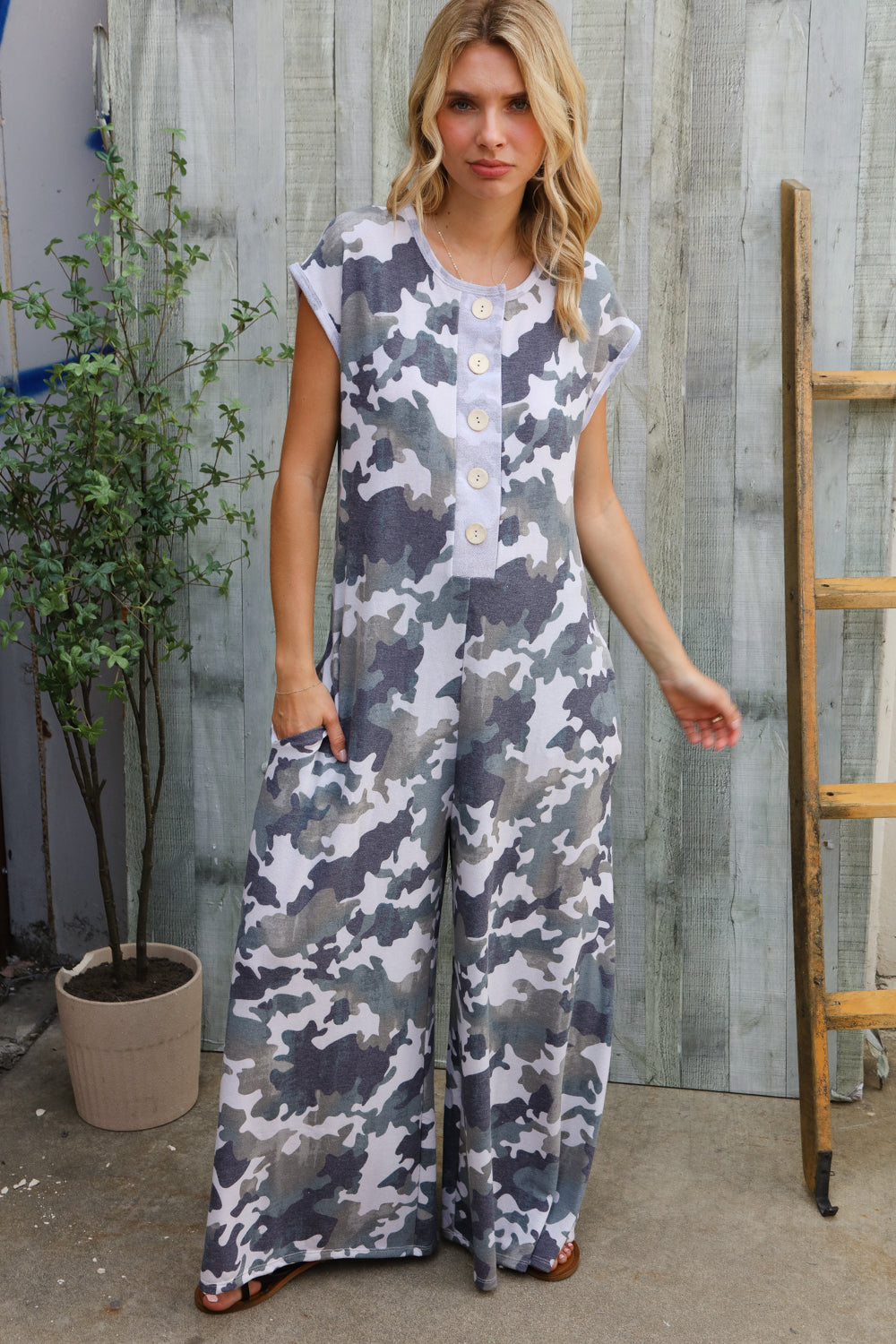 Spread Joy Loose Fit Camouflage French Terry Jumpsuit with Side Pockets