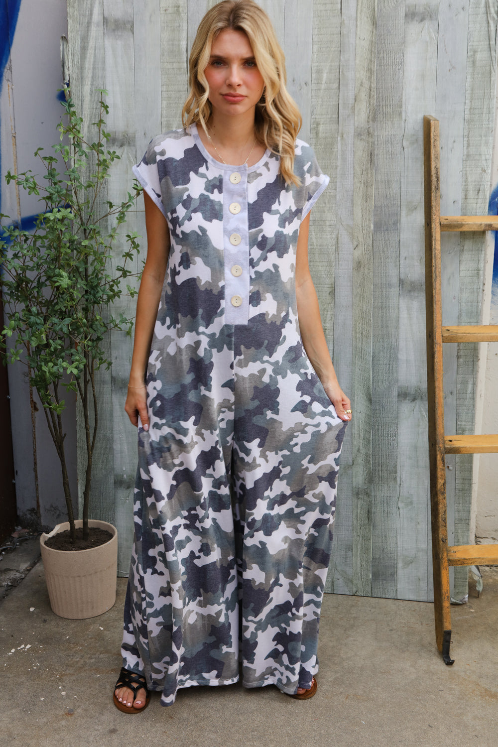 Spread Joy Loose Fit Camouflage French Terry Jumpsuit with Side Pockets