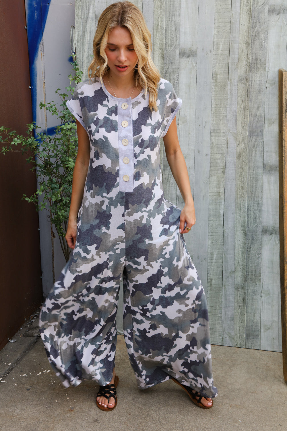 Spread Joy Loose Fit Camouflage French Terry Jumpsuit with Side Pockets