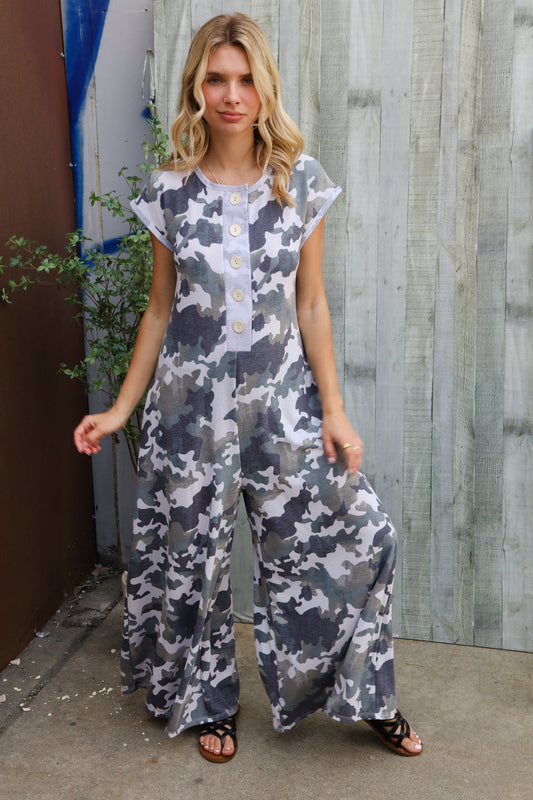 Spread Joy Loose Fit Camouflage French Terry Jumpsuit with Side Pockets