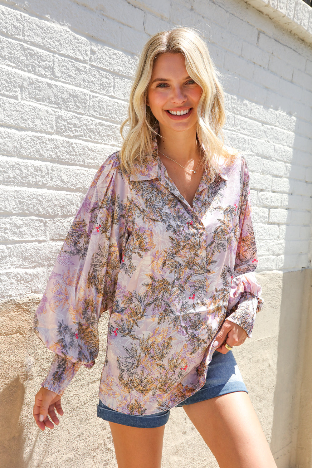 Diva Dreams Amaranth Floral Smocked Long Sleeve Notch Neck Blouse