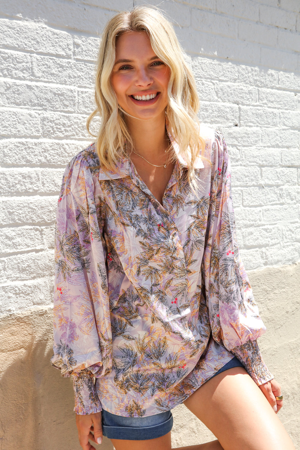 Diva Dreams Amaranth Floral Smocked Long Sleeve Notch Neck Blouse