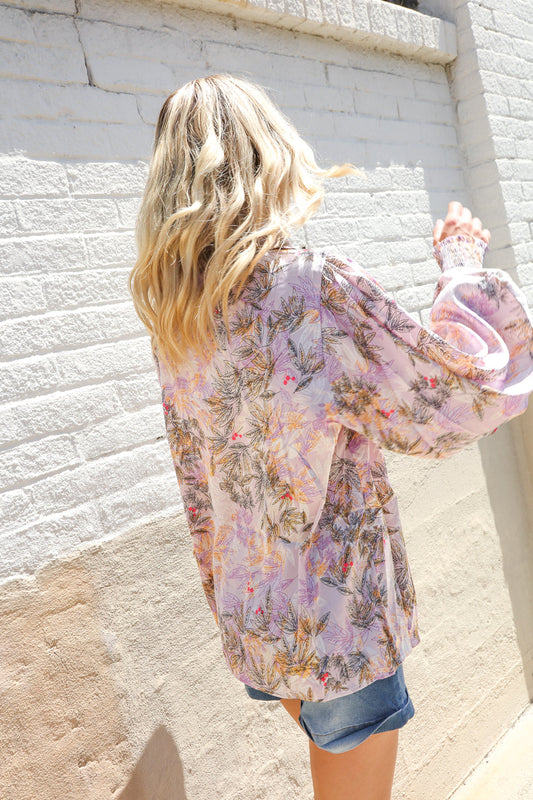 Diva Dreams Amaranth Floral Smocked Long Sleeve Notch Neck Blouse