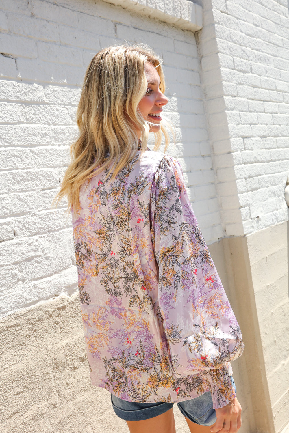 Diva Dreams Amaranth Floral Smocked Long Sleeve Notch Neck Blouse