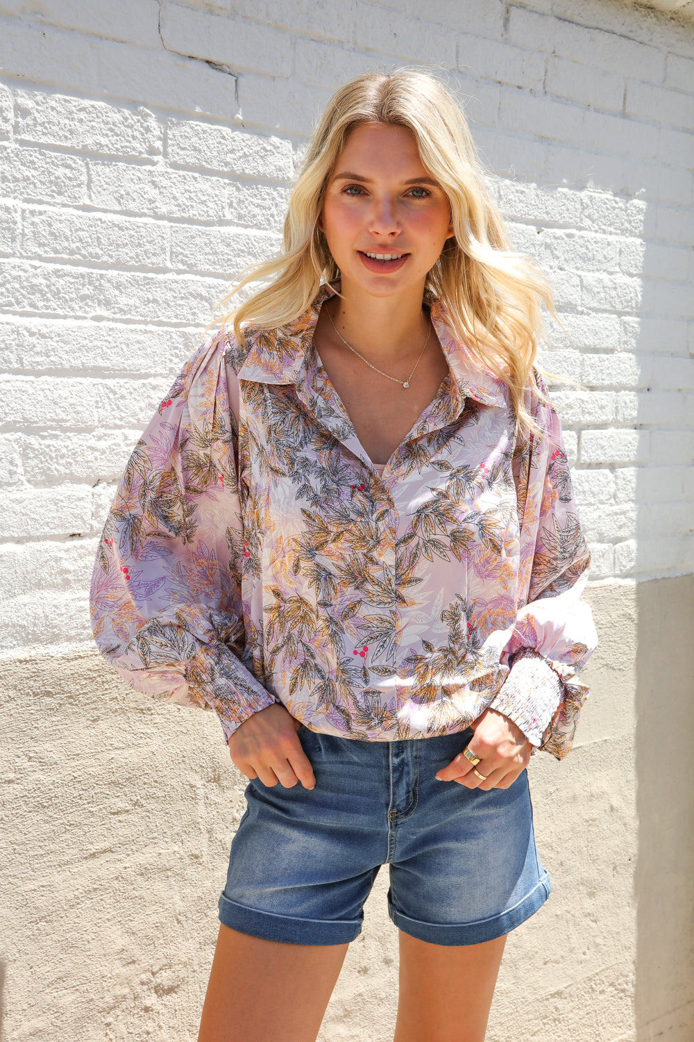 Diva Dreams Amaranth Floral Smocked Long Sleeve Notch Neck Blouse