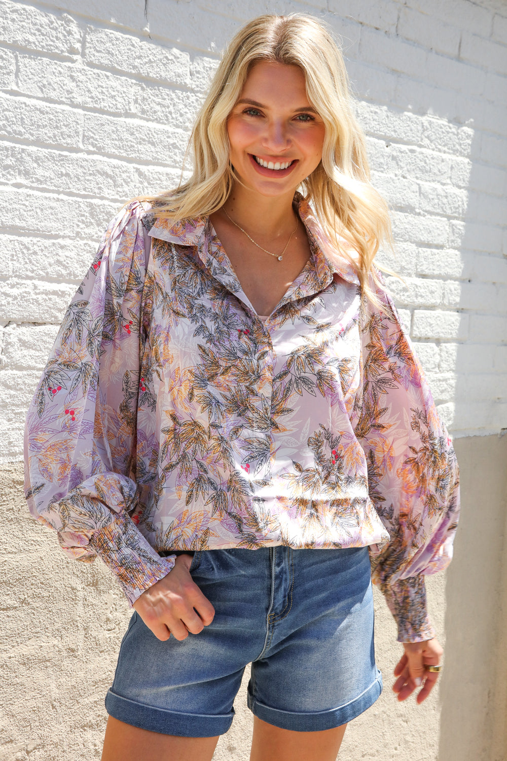 Diva Dreams Amaranth Floral Smocked Long Sleeve Notch Neck Blouse