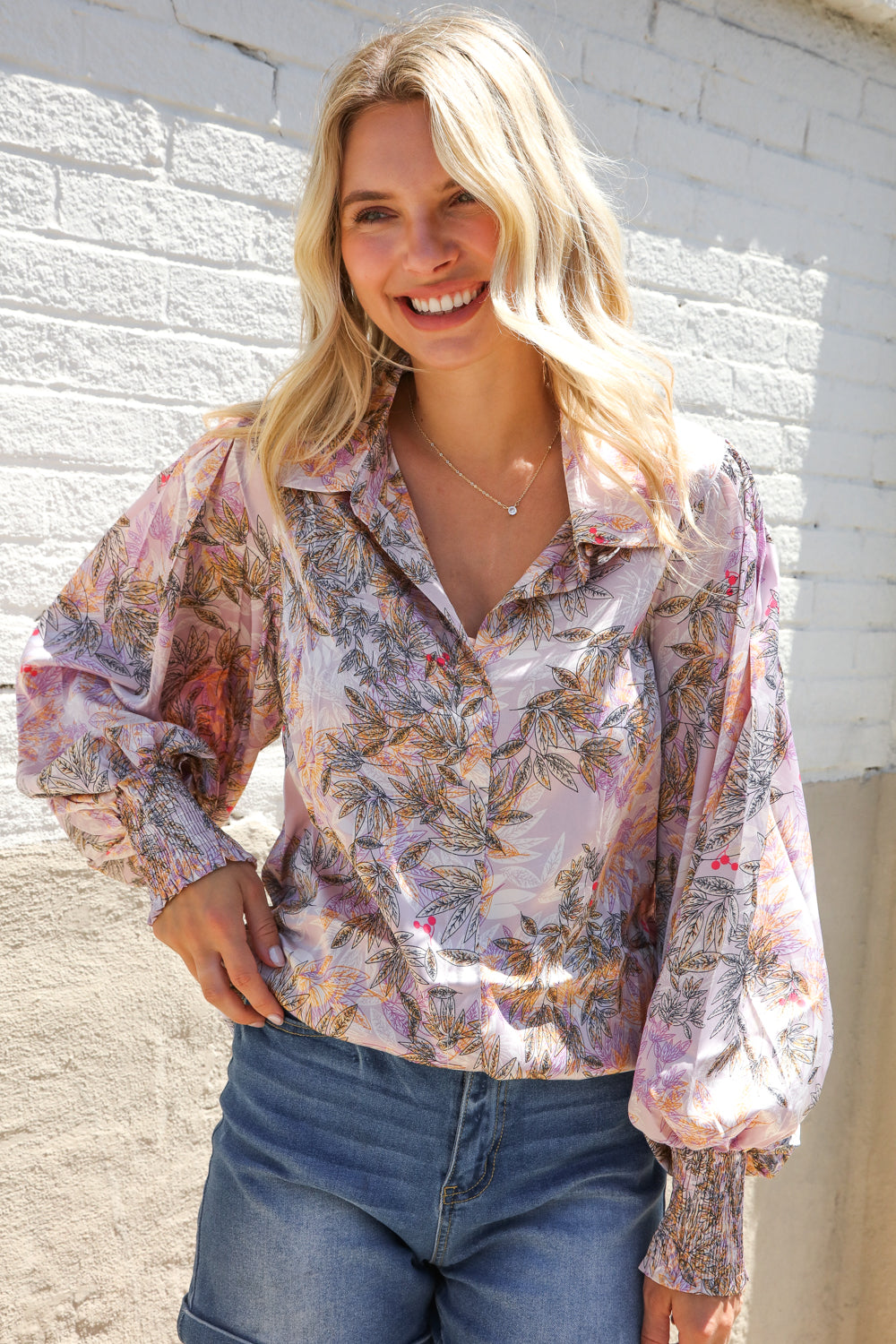 Diva Dreams Amaranth Floral Smocked Long Sleeve Notch Neck Blouse