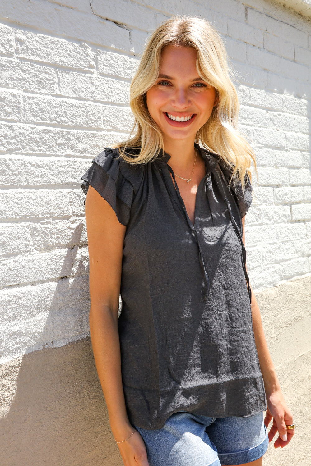 Weekend Ready Charcoal Frill Front Tie Double Ruffle Sleeve Top