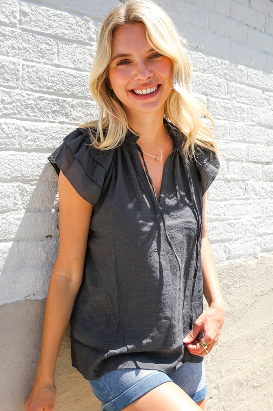 Weekend Ready Charcoal Frill Front Tie Double Ruffle Sleeve Top